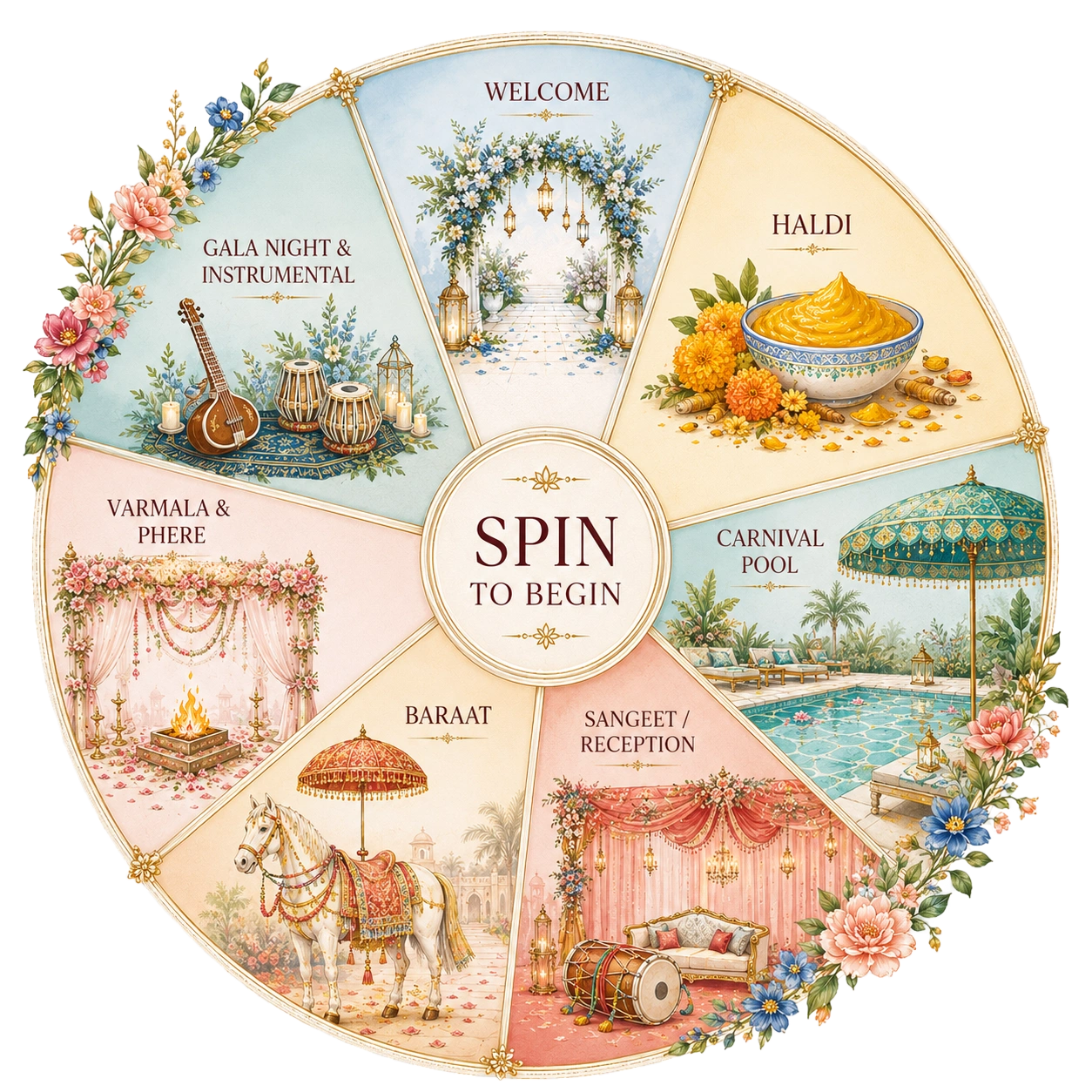 Wedding Wheel showing six celebrations